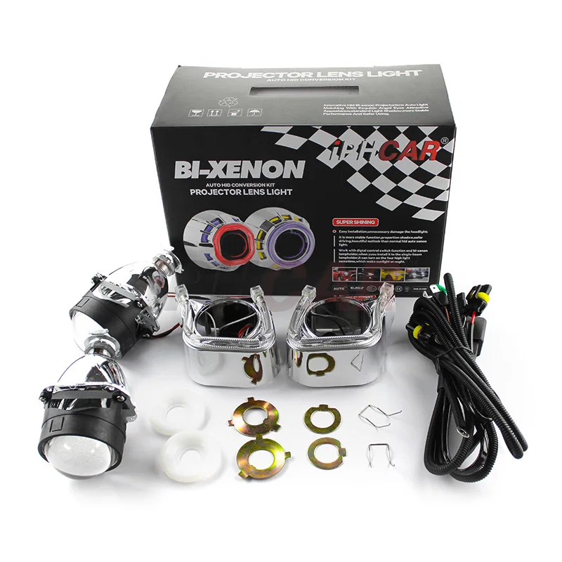 iPHCAR  35W High Low Beam HID Bi Xenon Projector Lens with  LED Light Guide Angel Eyes Shroud Kit for 12V Automobile Headlight