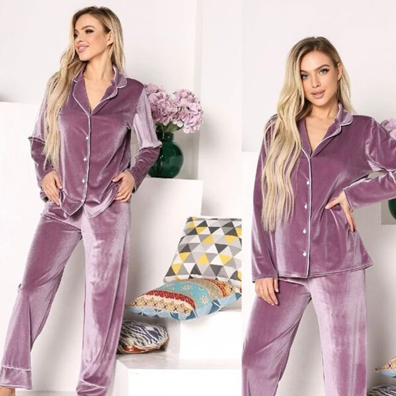 Fashion Luxury Long Pants And Sleeves Purple Sleepwear Velvet Pajamas For Women Custom Pajama Sets