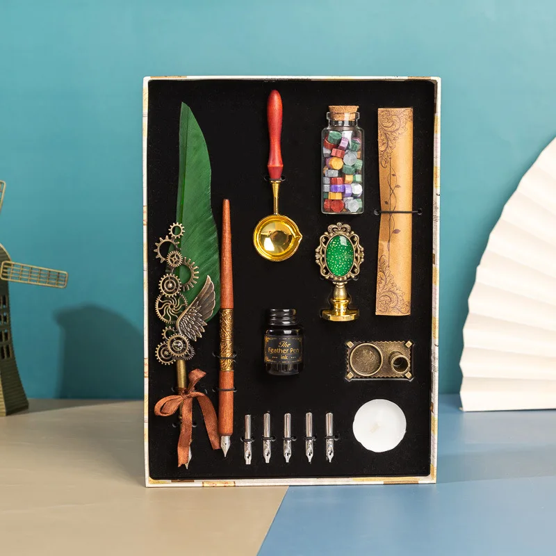 Factory Calligraphy Feather Seal Wax Pen Set Natural Writing Fountain Pen Stamp Set Antique Mechanical Punk Design Ink Business
