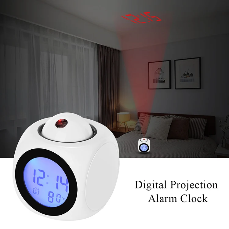 Funny EN ES Languages LCD display time 180 degree rotate talking projection alarm clock