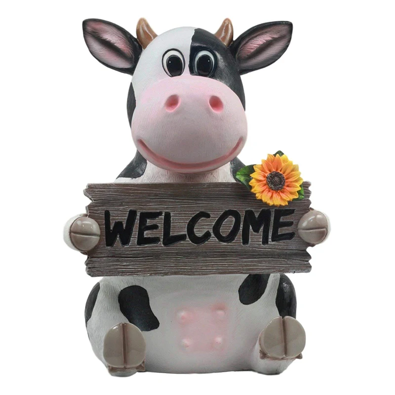 Whimsical Holstein Cow with Welcome Sign Statue  Sunflower Cow Garden Greeter Figurine
