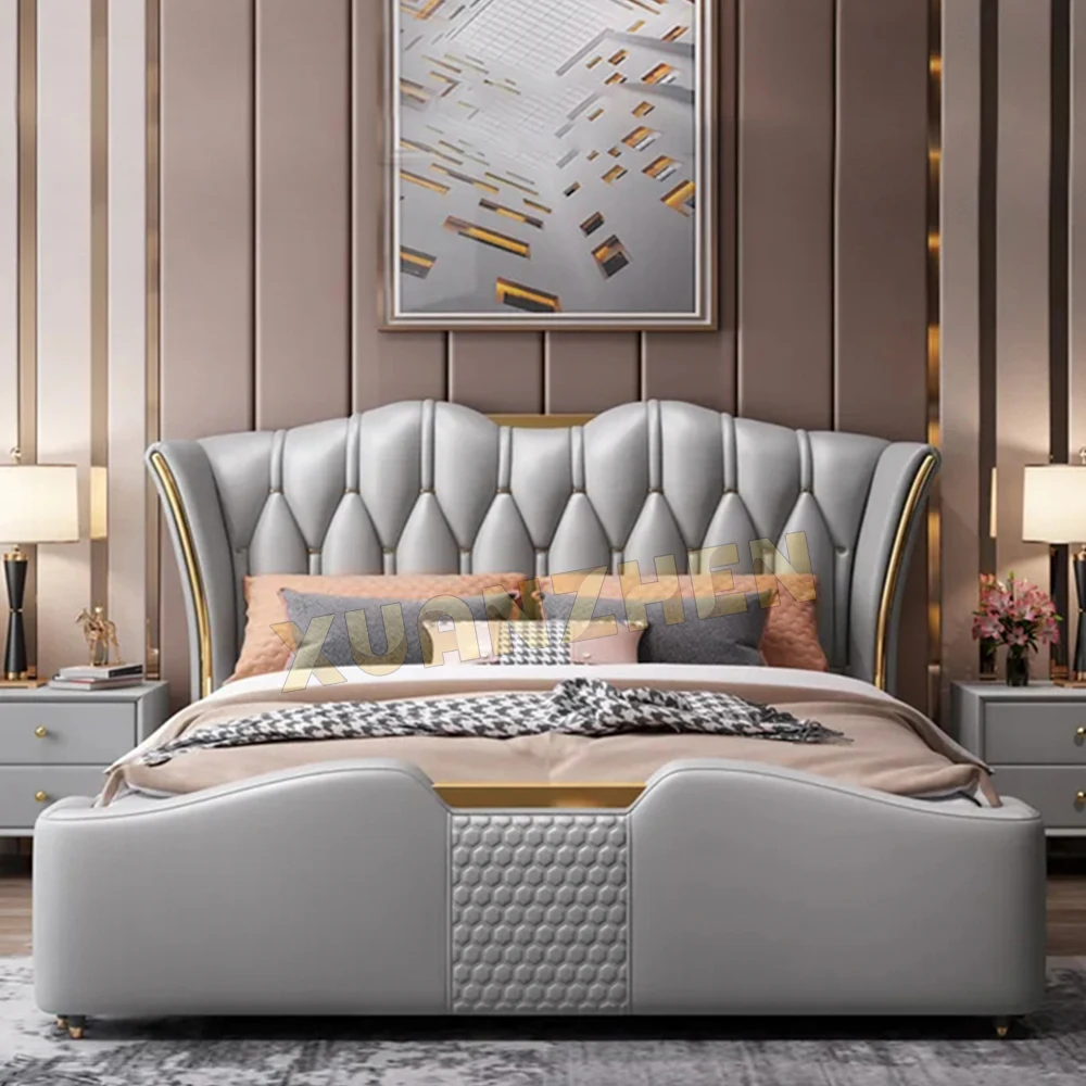 Bedroom furniture queen size luxury leather bed set royal design beautiful golden bed frame metal modern beds Y-X07
