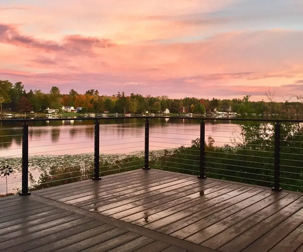 American style exterior patio aluminum post wood handrail with stainless steel cable railings from Foshan manufacturer