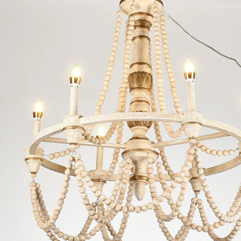 Farmhouse Wood Beaded White Color Chandelier for Dining Room Entryway Light Fixtures