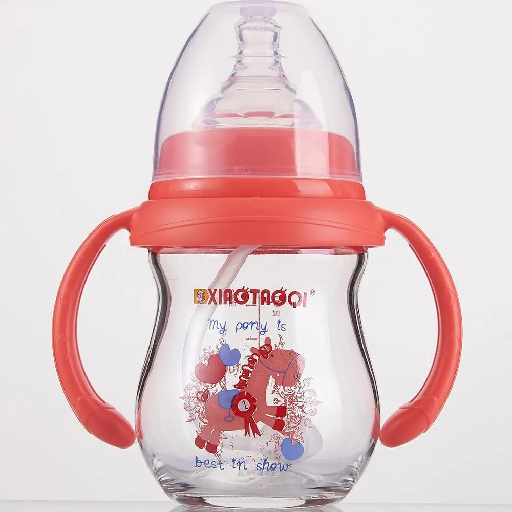 Free Sample Wide Neck With Handles Middle Borosilicate Glass Baby Glass Feeding Bottle