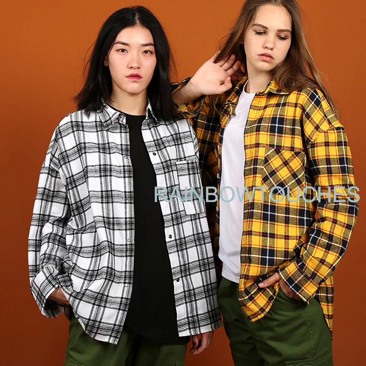 Yellow Plaid Button Down Cotton Checked Flannel Shirts Men