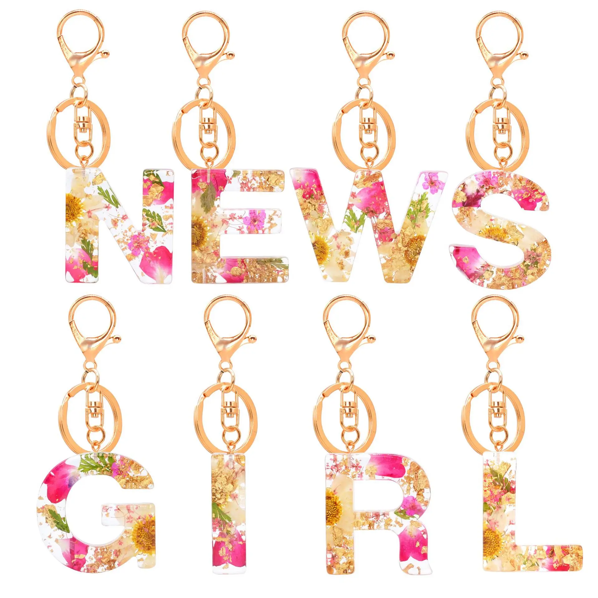 26 English Resin Letter Keychain Herbarium Dried Flower Embossing Tassel Acrylic Abbreviation Keychain
