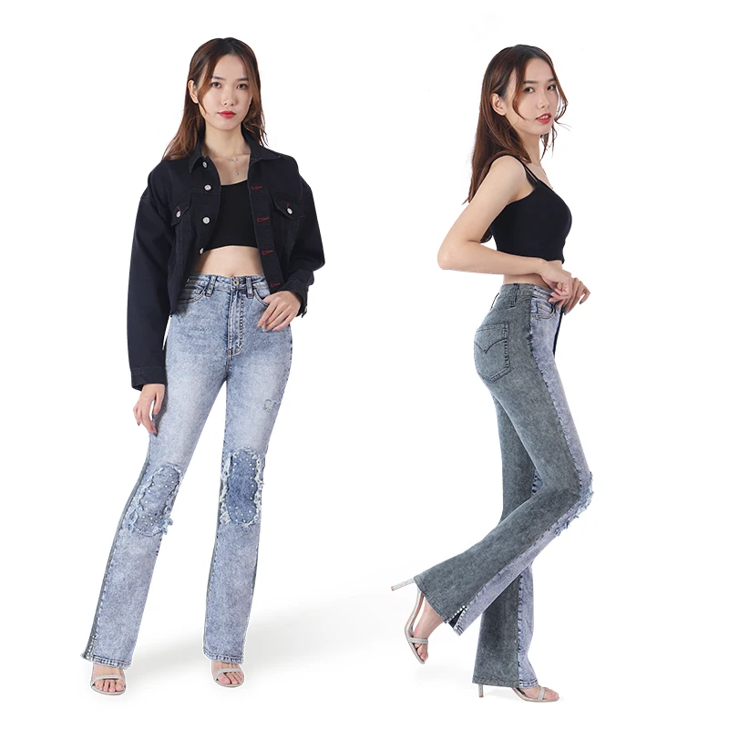 Ki pull на заказ маленькая девочка Дамская женщина синяя клетка бабочка цветок расклешенные джинсы с бахромой Оптовая Продажа Лоскутные вельветовые брюки