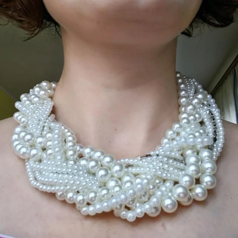 Women Fashion Jewelry Women Statement Jewelry Short Design Rhinestones Faux Pearl String Knitting Chunky Collar Chokers Necklace