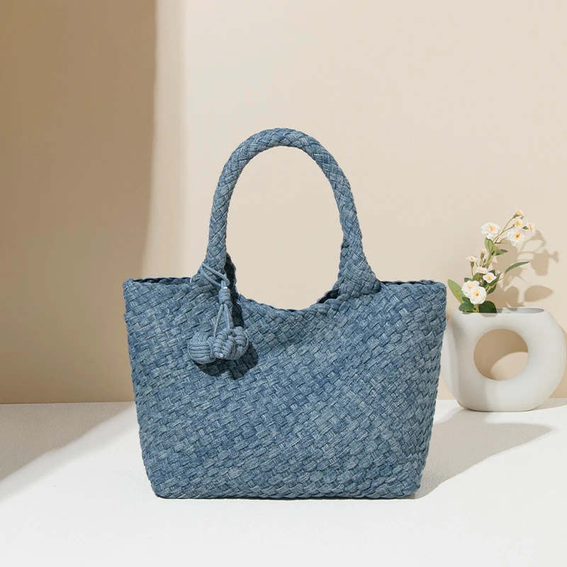 Factory direct new ladies bag fashion senior denim full handmade weaving bag handbag shoulder large capacity   travel tote bag