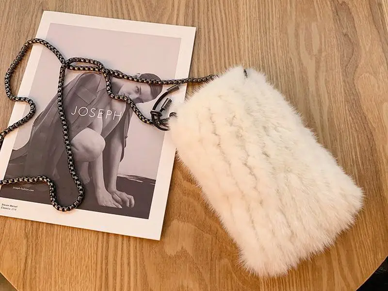Handmade real mink fur bag knitted style mini fur purse women luxury fur shoulder phone case