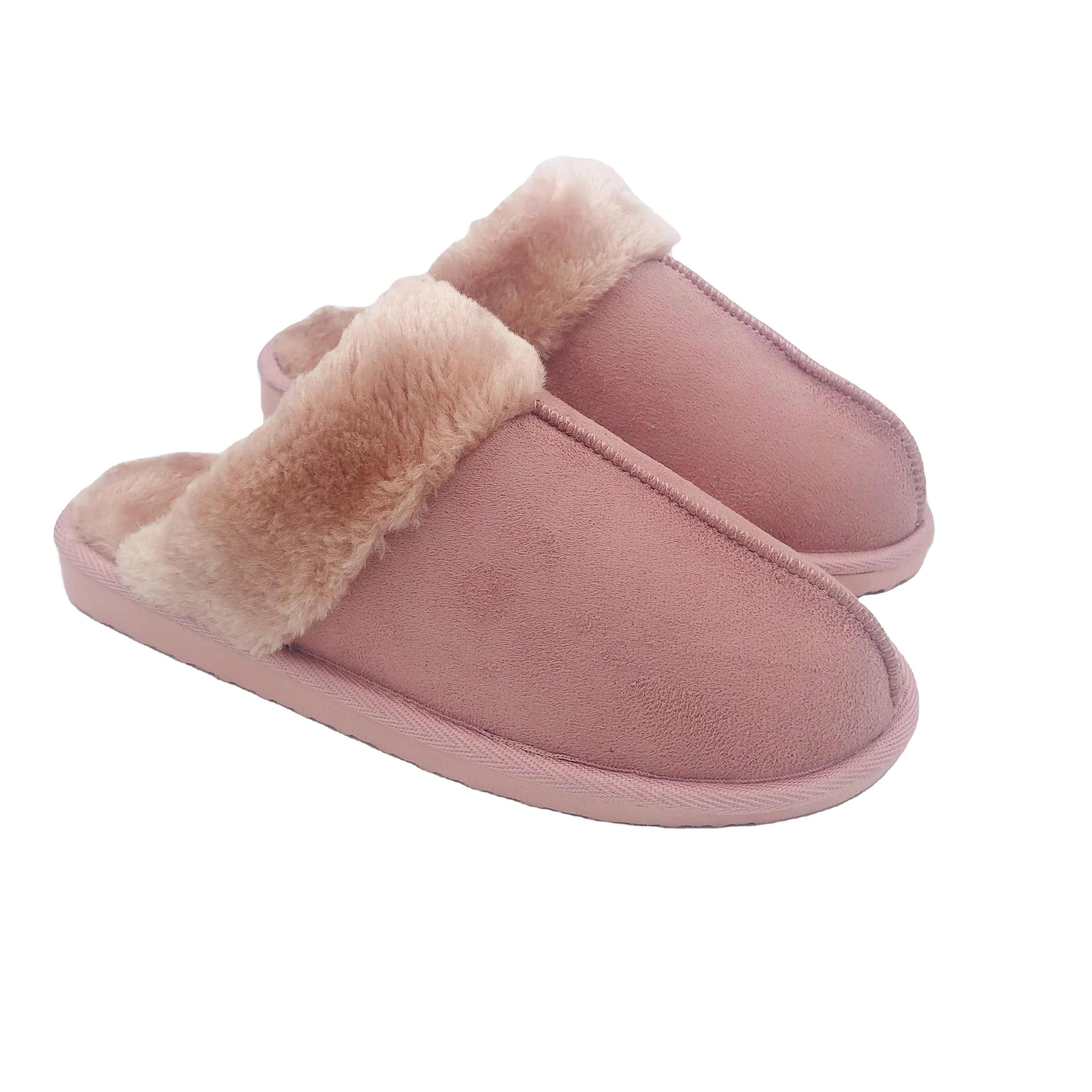 Wholesale suede upper furry lining indoor slippers slides in winter fake leather boots for ladies