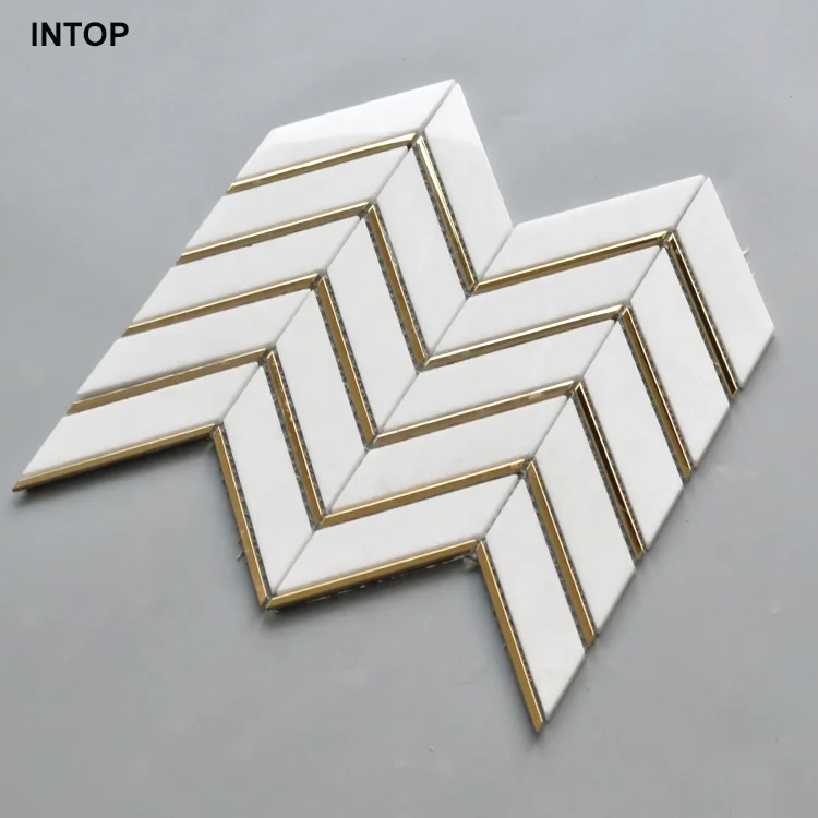 new design chevron herringbone white thassos marble and gold metal stone mosaic tile Nero marquina stone mosaic wall tiles