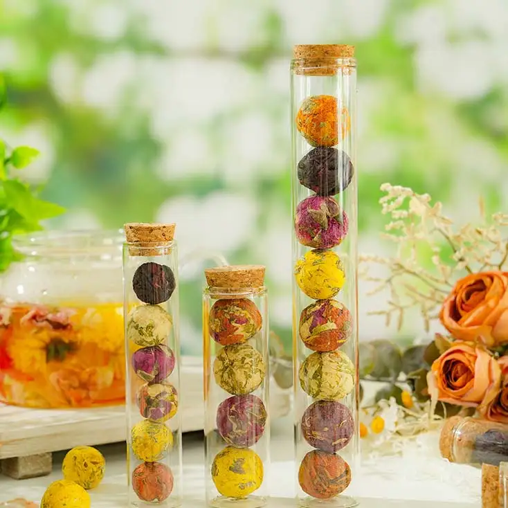 Handmade Mini 5g 4 Pcs Balls Natural Detox 8 Flavors Blooming Flower Balls Herbal Tea Gifts Glass Tubes Healthy Jasmine Hibiscus