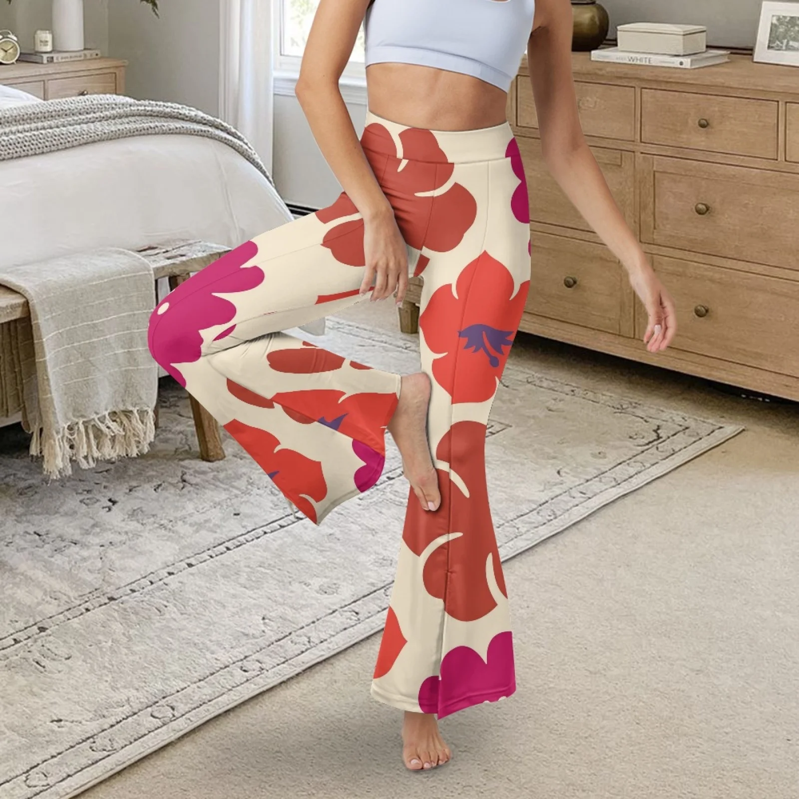 Sublimation Hibiscus Flowers High-waisted Flare Yoga Pants Leggings Loose Flare Pants Slit Yoga Leggings Casual Trousers Tights