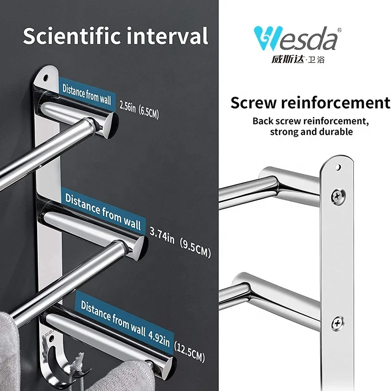 Wholesale Bathroom Towel Ladder Pendant Rod Rails 304 Stainless Steel Balcony Freely Retractable Bar Towel Rack with Hooks