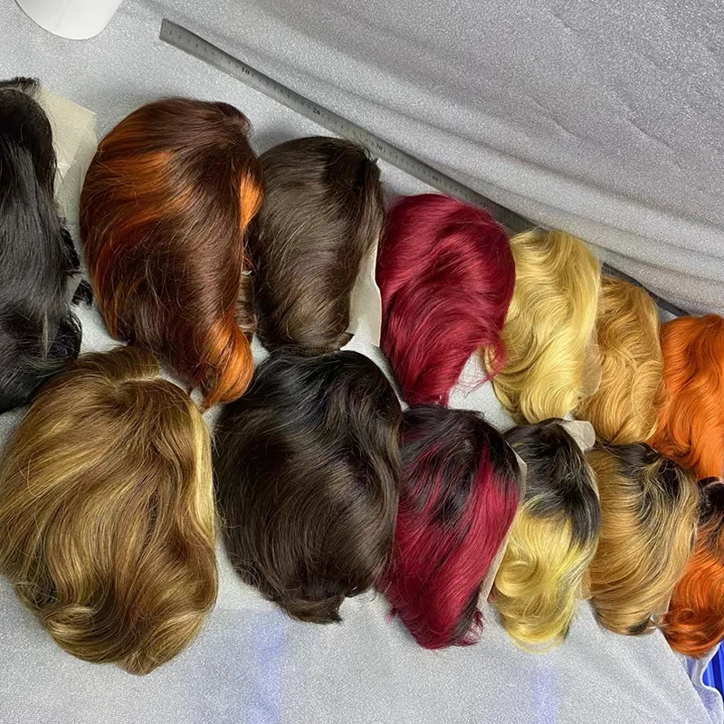 Letsfly Short Cut 13X4 Lace Frontal  Wig Pixies Brazilian Remy Human Hair Black #27 Blonde Wigs 5PCS Wholesales Free Shipping