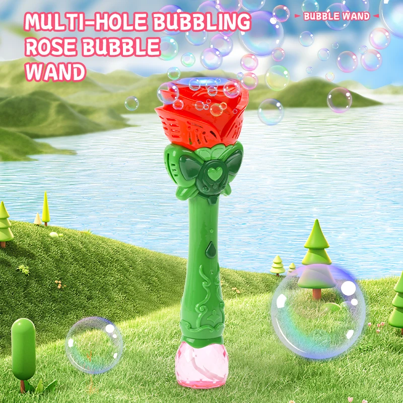 outdoor games electric automatic bubble machine red rose flower bubble wand soap blower light music bubble stick toys