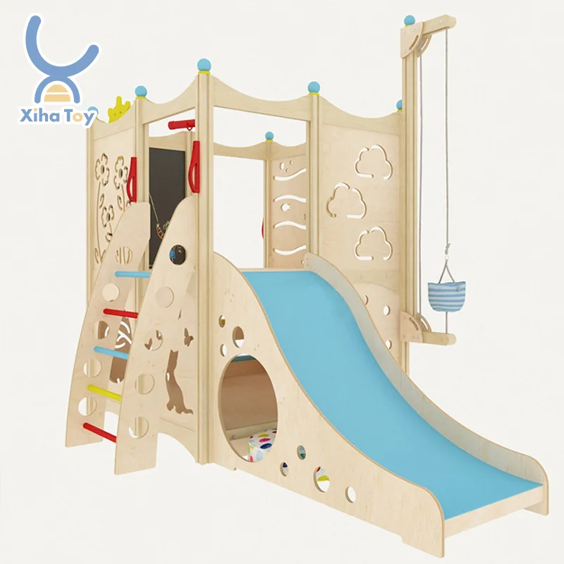 XIHA Wooden Indoor Playsets With Steps And Slide Children Playground Set Wooden Castle Preschool Nursery Classroom Furniture