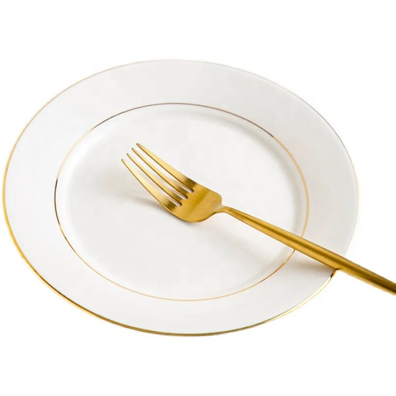 Ourwarm 8in 10in Porcelain Tableware Ceramic Round Plate Wedding Decoration Gold Table Dinnerware Hotel Dishes