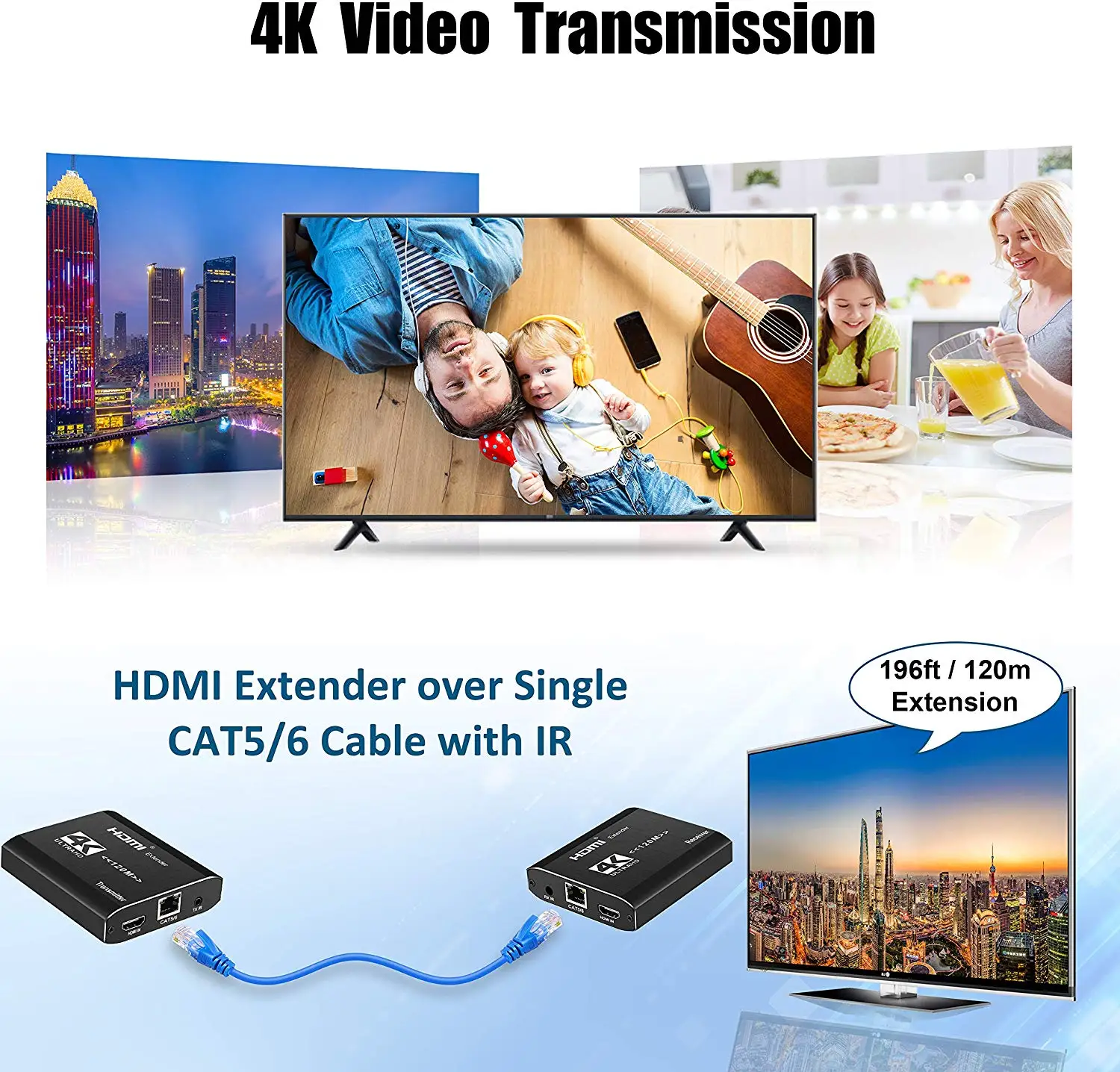 k120m Full HD 4K Over Cat6 Ethernet Cable HDMI Video Transmitter Extender Adapter with IR HDMI loop Out