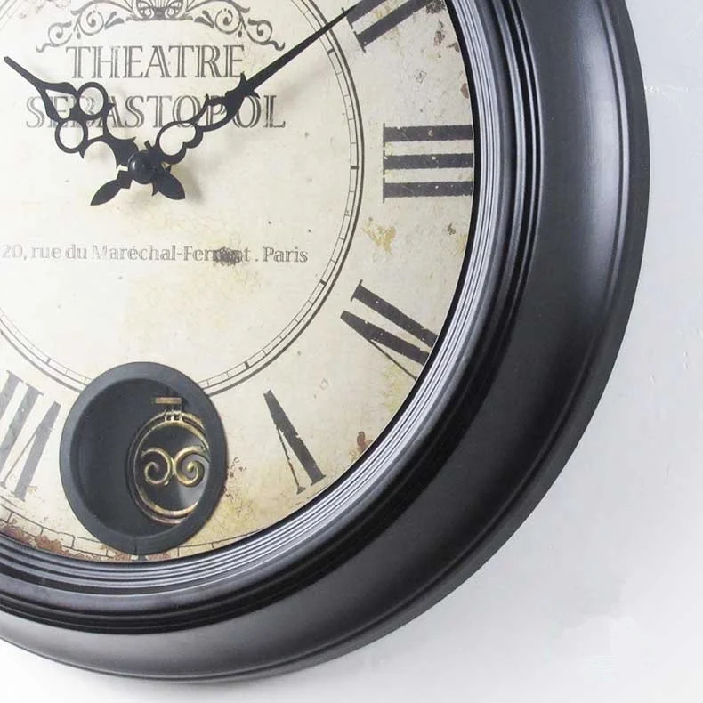 Metal Round Antique Black Wall Retro Decorative Home Pendulum Clock with Glass