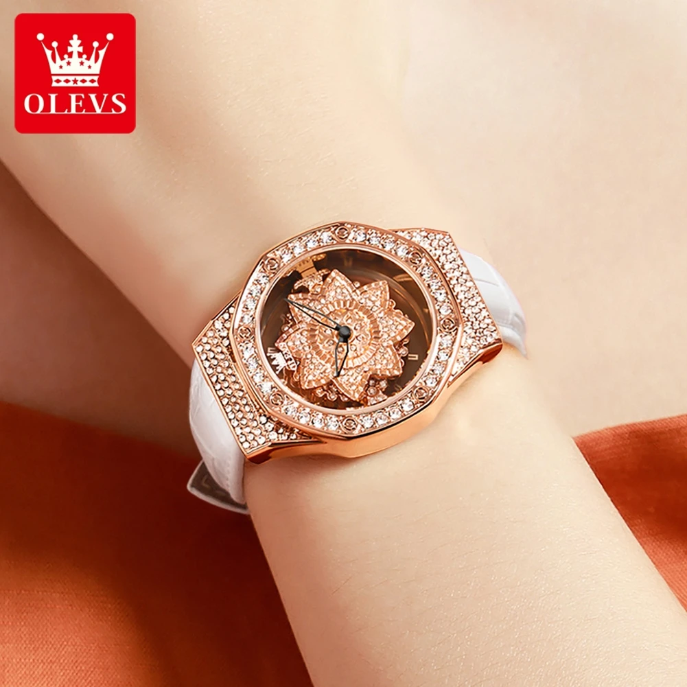 OLEVS 9996 Original Watch for Women  Waterproof Leather Strap Ladies Quartz Wristwatches Hollow Rotatable Butterfly Dial