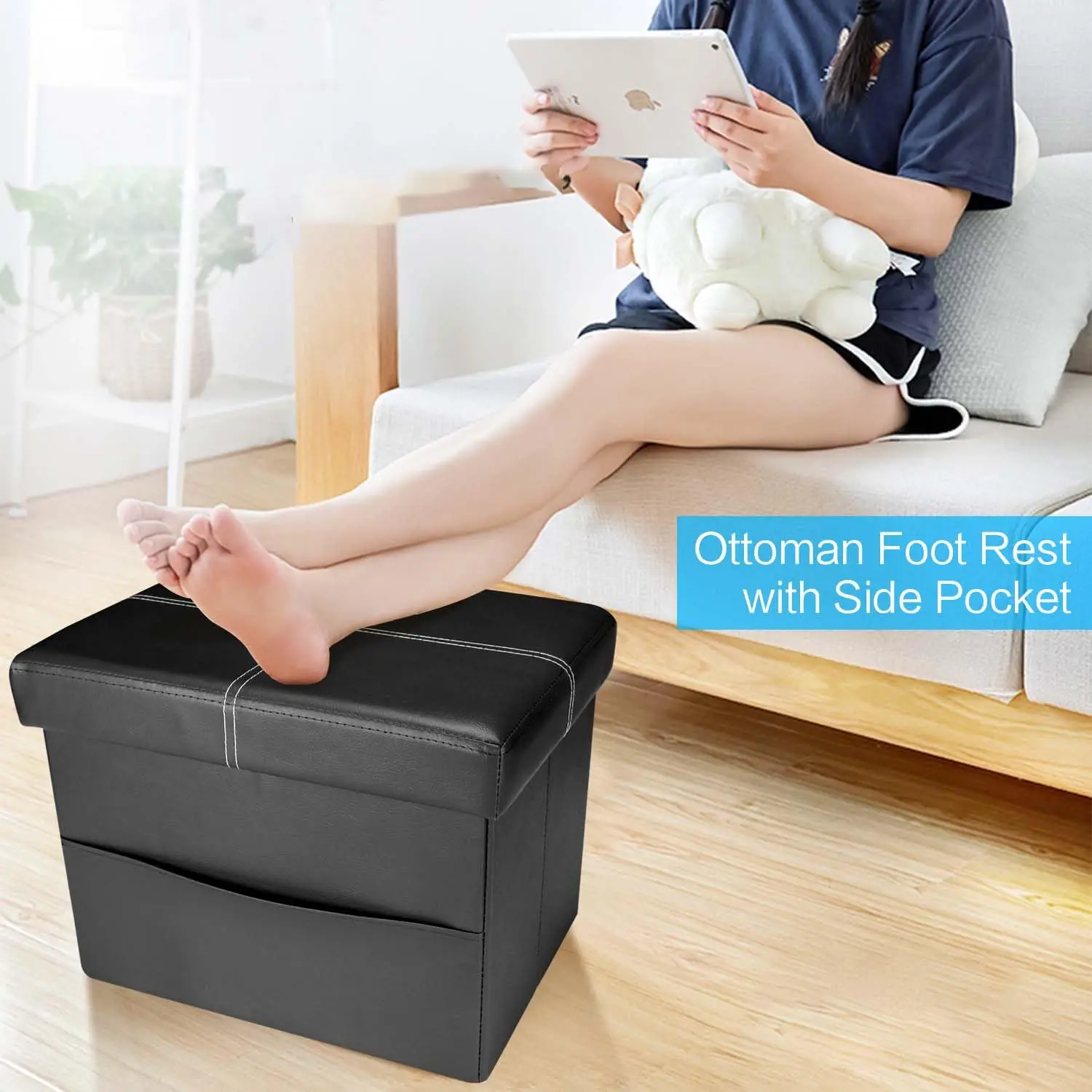Black Leather Stool with Thicker Foam Padded Seat Small PVC Storage Ottoman Bench Foot Rest with Side Pocket for Living Room