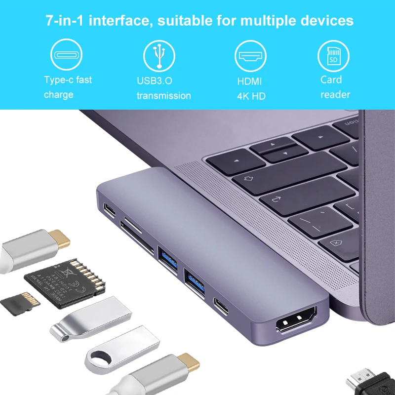Мульти-порты Mac Dongle с 4K Thunderbolt 3 7 в 1 USB C Hub до SD TF Card адаптер для