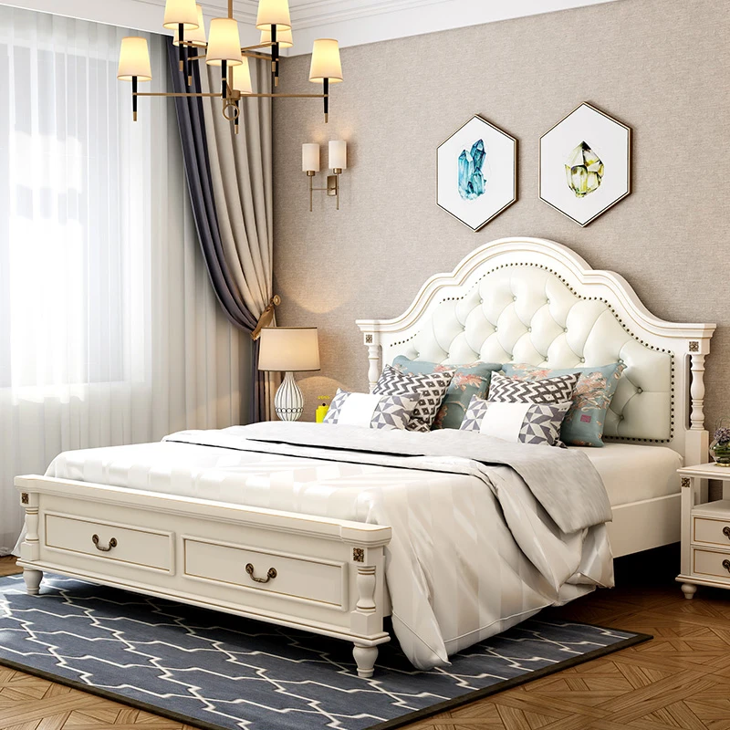 American Style Solid Wood High Box Storage Light Luxury Carved Bed Head Bedroom Furniture Set Double Bed