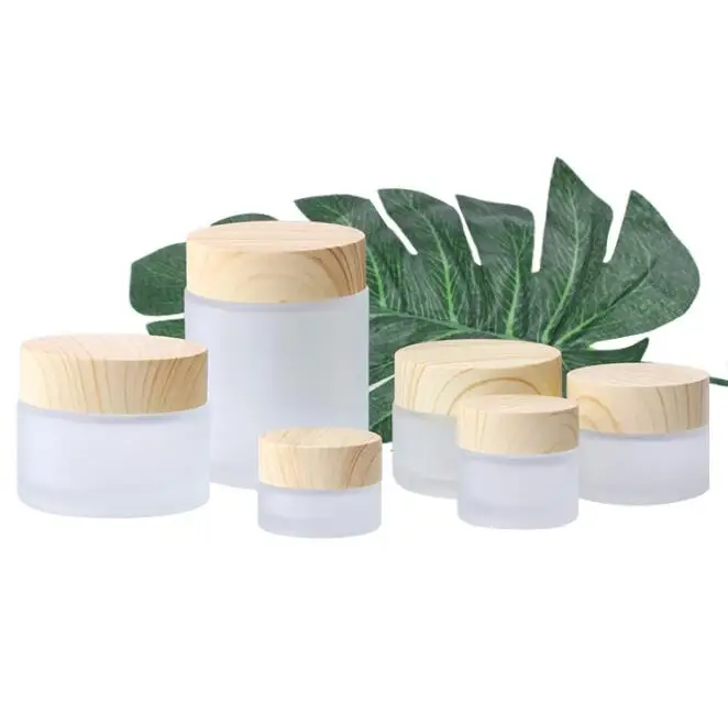 Cream Bottles Round Cosmetic Jars Hand Face Packing Bottles Jars 5g 10g 15g 30g 50g 100g Cream Frosted Glass with Wood Grain