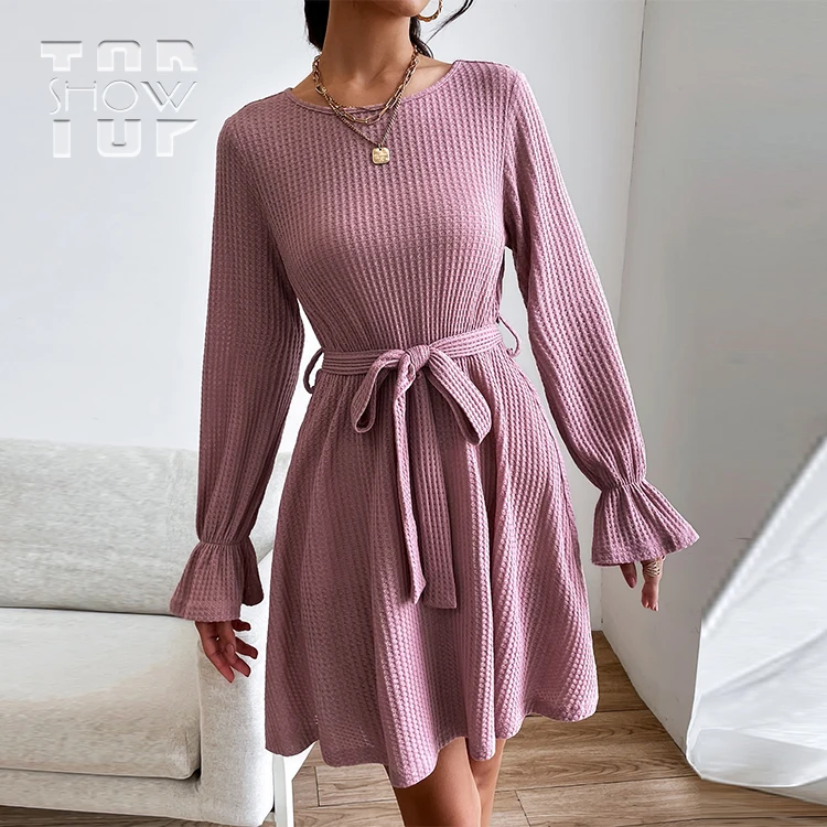 Летнее дышащее трикотажное женское Повседневное платье на заказ, праздничные пикантные платья с длинным рукавом и поясом, хлопковое платье-трапеция с воланом и круглым вырезом
