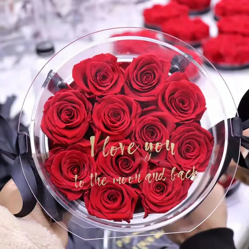 Luxury decoration flower transparent clear candied box eternal flower sugar bag preserved roses in acrylic box