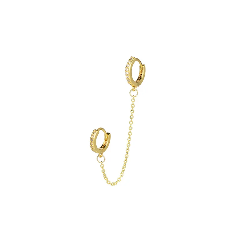 Zesen Trend Cubic Zirconia Stud Earrings Double Piercing Dangle Chain Huggie Hoop Earrings 14K Gold Chain Earrings