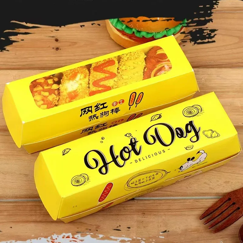 Custom Printing Hot Dog Cheese Stick Packing Box Barbecue Packing Paper Box Disposable Takeaway Boat Box Serving Containers