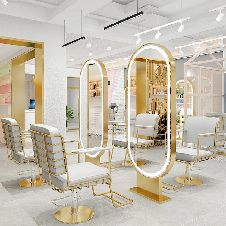 Gold Frame Salon Hairdressing Furniture Led Lamp Single Double Side Mirror Standing Wall Mounted Salon Furniture