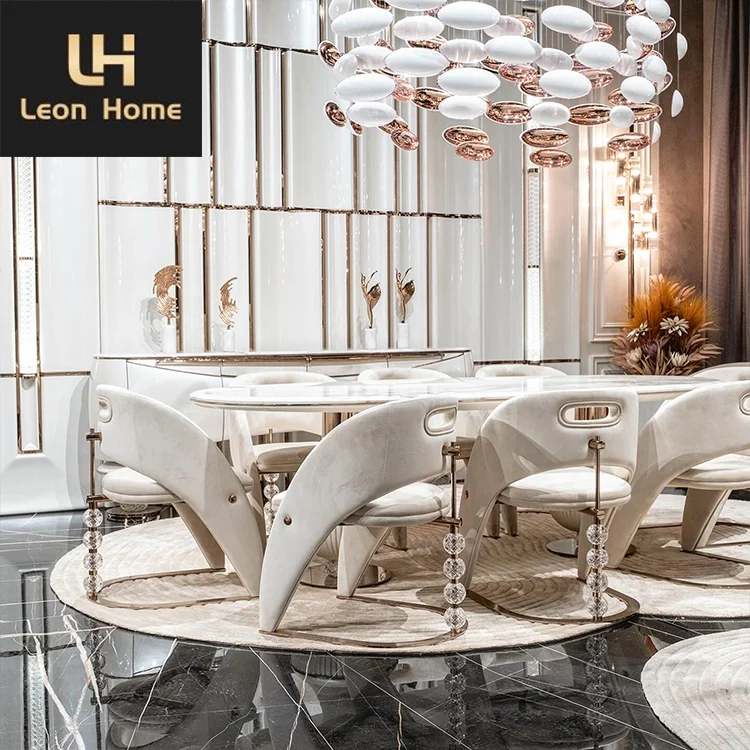 Luxury custom new design wooden oval shape dining table furniture with 8 chair dining table set for villa dining room