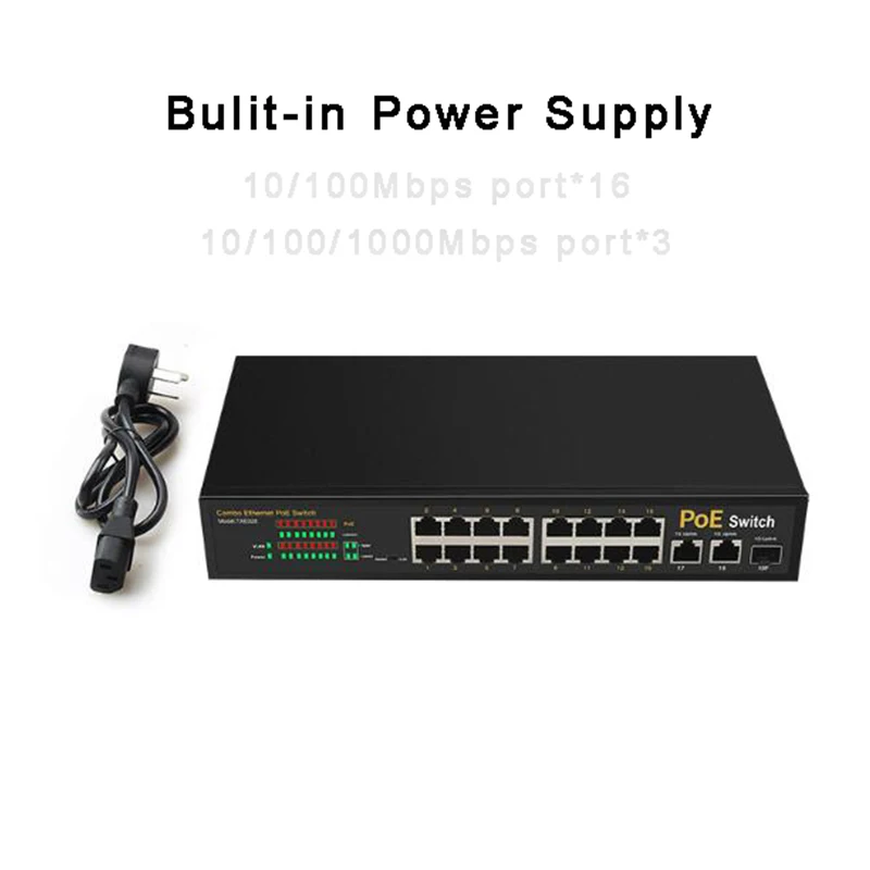  16 портов POE коммутатор 10/100 Мбит/с Ethernet-коммутатор 2 порта 10/100/1000 Мбит/с-умный