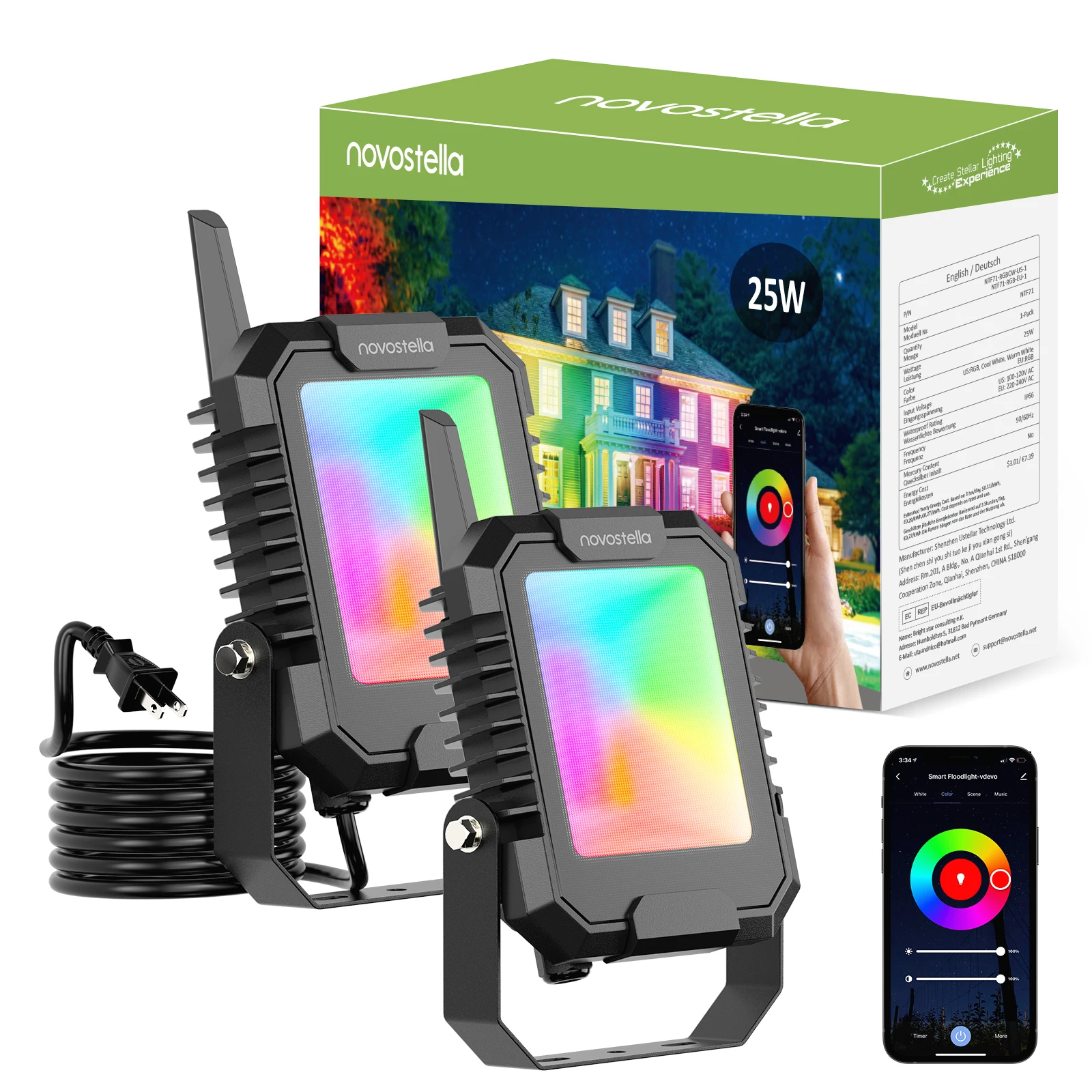 2 Pack 25W Waterproof BT Mesh Smart RGB LED Flood Lights App control CCT Adjustable Graphene Floodlight