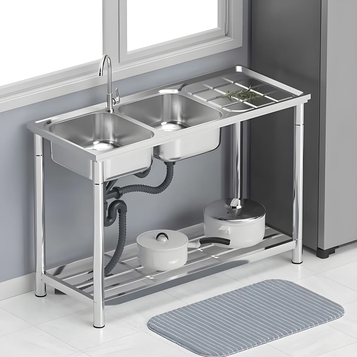 Free Standing Washing Sink Home Used Stainless Steel Sink with Double Bowl and Bottom Storage Shelf