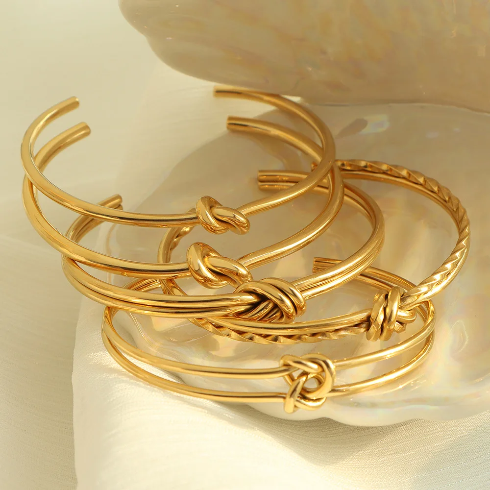 2024 New Style Minimalist Trendy Retro Tarnish Free Stainless Steel 18k Gold Bangle Waterproof Open Cuff Knot Bracelet MK4146