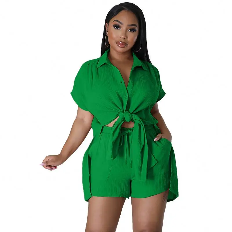 European and American clothing 2024 Amazon summer new cotton and linen solid color shirt short-sleeved casual shorts suit