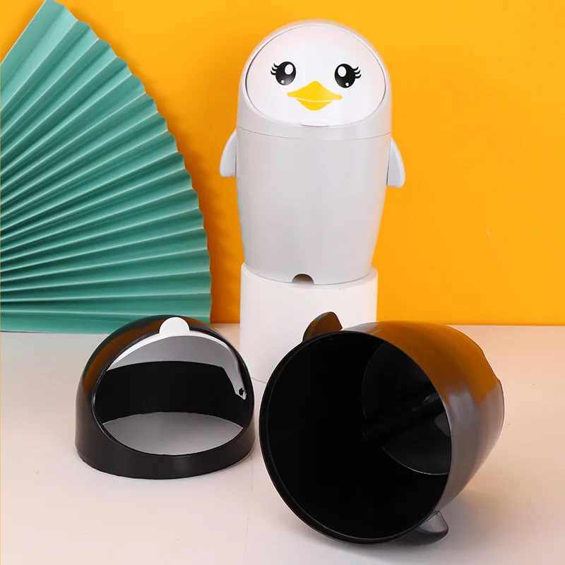 Office Penguin Mini Car Waste Bin Desktop Flip Top Dustbin Countertop Small Portable Plastic Trash Can