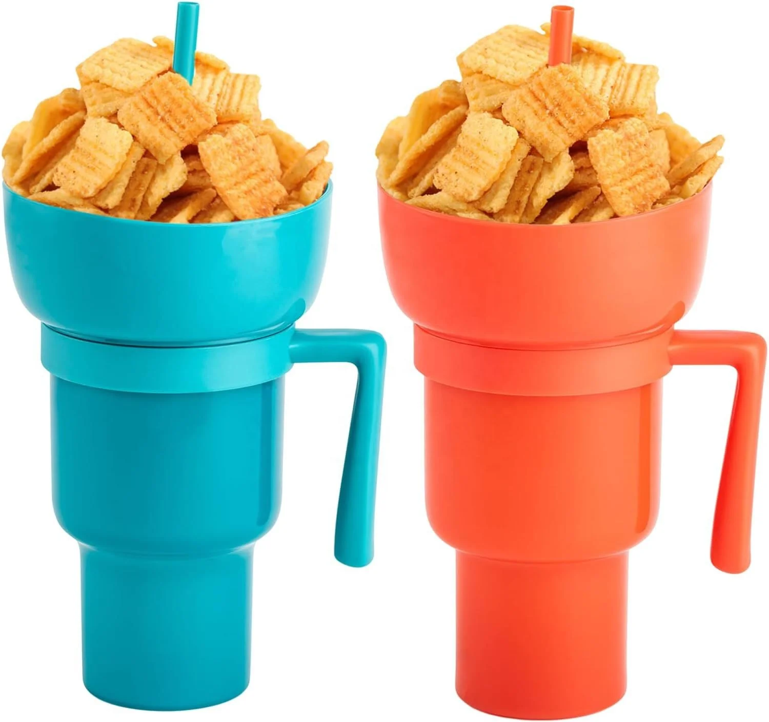 Square Beverage Cola Cinema 2 in 1 Snack and Drink Cup Popcorn 32oz Plastic Cup with Snack Tray Bowl Straw