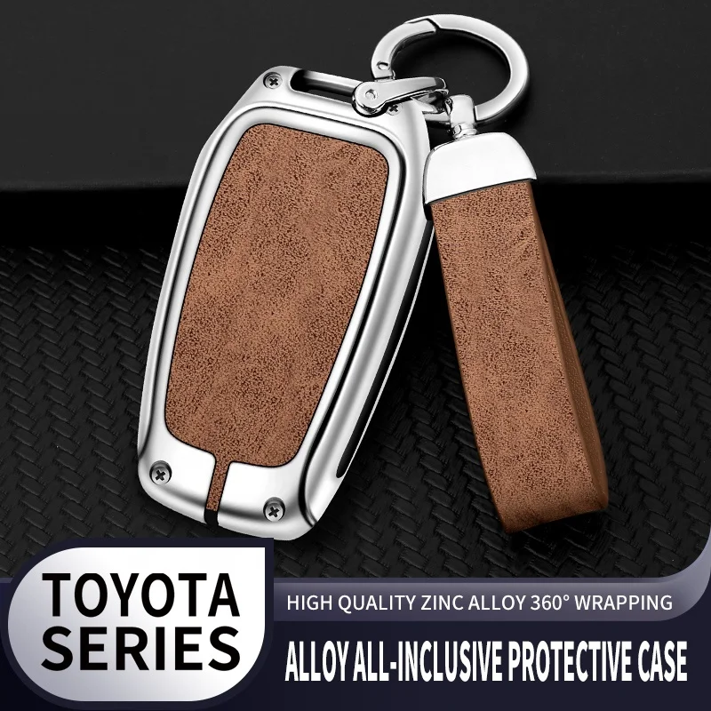 Aluminum zinc alloy cover+leather car brand logo key chain car remote fob key case fit for Toyota Highlander RAV4