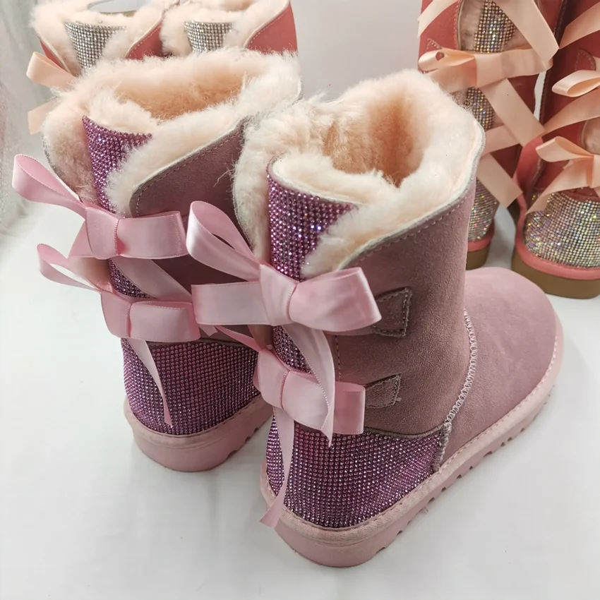 Wholesale Fashion Kids Women Sheepskin Wool integrated Ladies Winter Ribbon Fur Boots Shoes With Bows Snow Boots