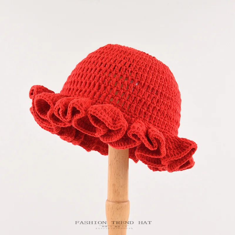 Wholesale Women Winter Flower Ruffled Crochet Hat Handmade Bucket Hat Crochet Knitted Hat For Women