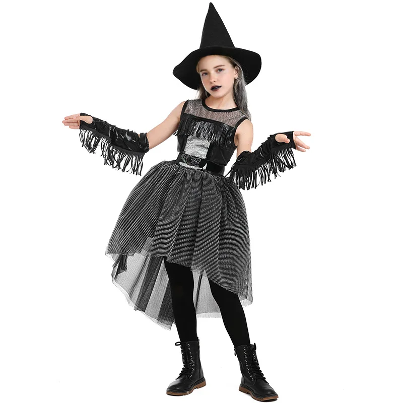 Halloween Crow Witch Costume Black Goth Style Girls Performance Puffy-Tail Dress for Girls Witch Performance