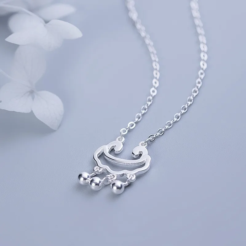Long Life lock necklace 925 silver Korean version silver beads tassel pendant female hollow safety lock fashion necklace