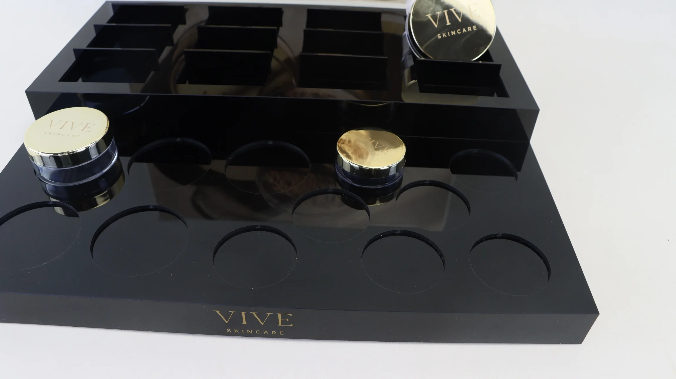 Custom acrylic countertop skin care beauty powder makeup display stand with AD insert